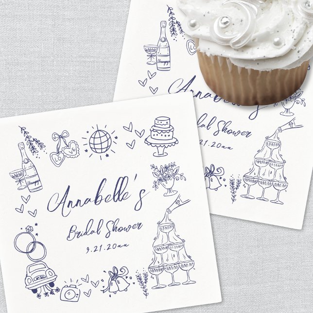 Hand Drawn Navy Blue Whimsical Bridal Shower Napkin (Hand Drawn Navy Blue Whimsical Bridal Shower Napkins)