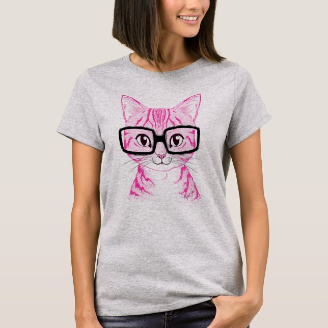 Hand Drawn Nerdy Cat Art Womens Grey Shirt for Her (Front)