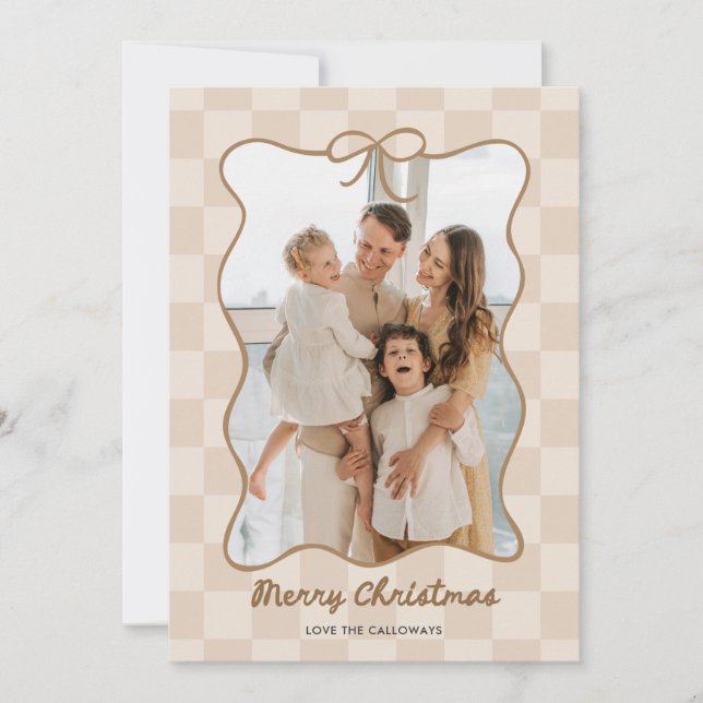 Hand Drawn Neutral Bow Frame Chequered Photo Holiday Card (Front)
