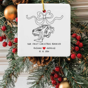 Hand Drawn Newlywed Christmas Ceramic Ornament