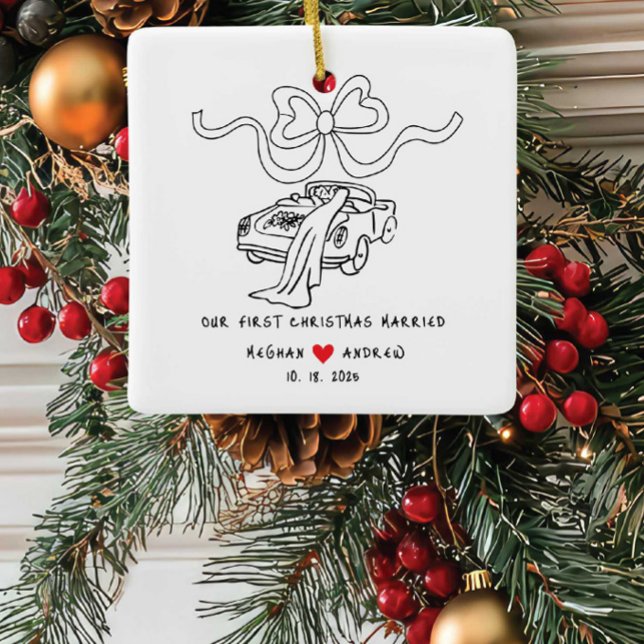 Hand Drawn Newlywed Christmas Ceramic Ornament (Creator Uploaded)