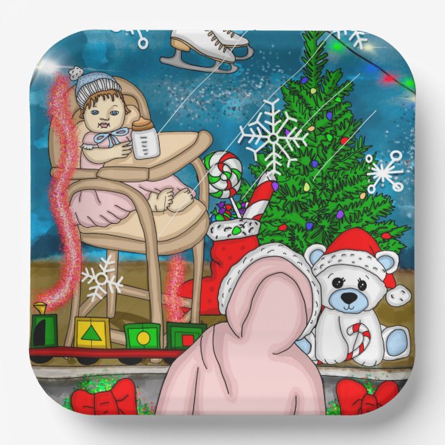 Hand drawn Nostalgic Christmas Window  Display  Paper Plate (Front)