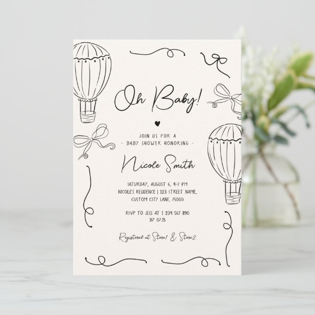 Hand Drawn Oh Baby Hot Air Balloon Bow Baby Shower Invitation (Standing Front)
