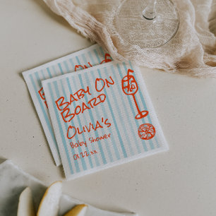 Hand Drawn Orange Blue Baby On Board Baby Shower Napkin