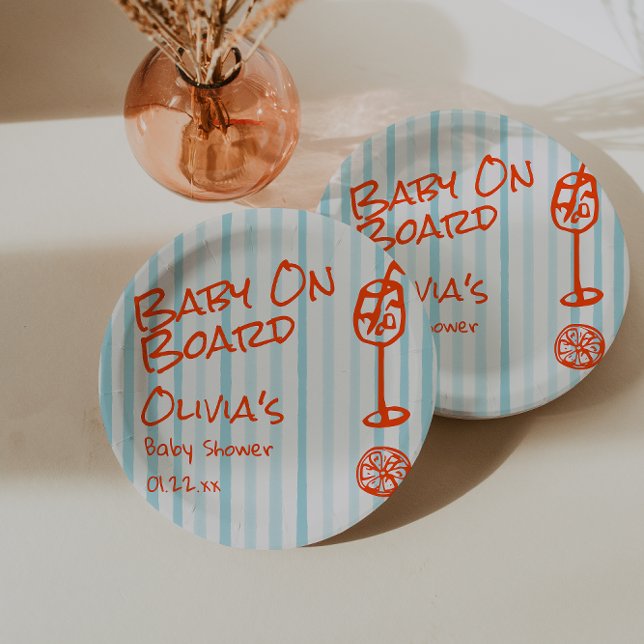 Hand Drawn Orange Blue Baby On Board Baby Shower Paper Plate (Creator Uploaded)