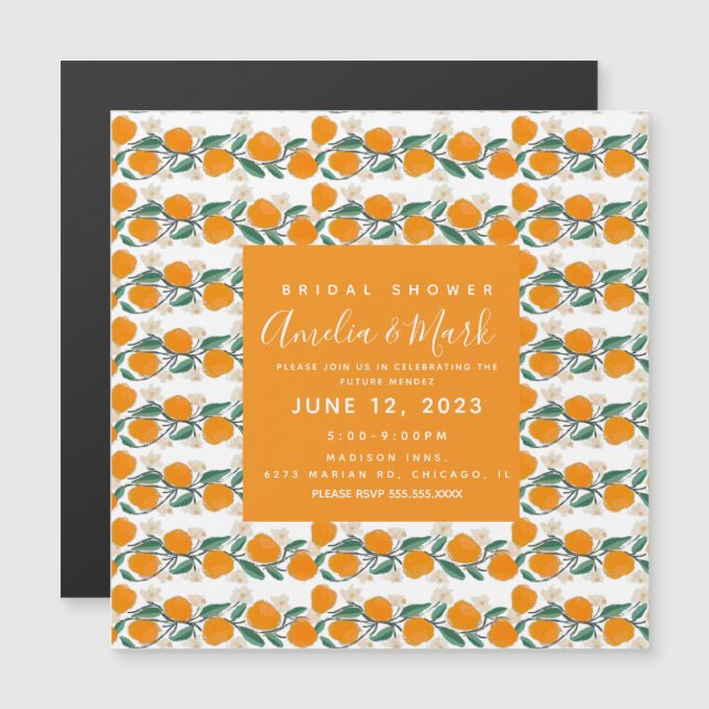 Hand-Drawn Orange Botanical Abstract Wedding Magnetic Invitation (Front/Back)