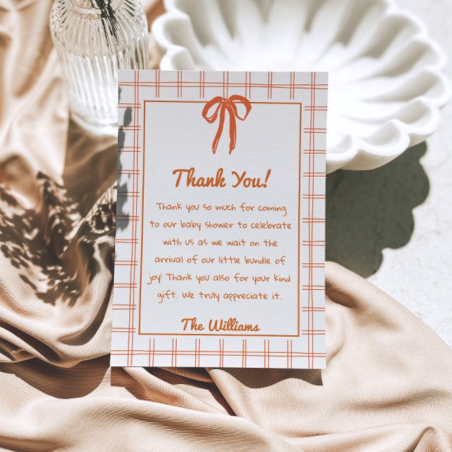 Hand Drawn Orange Gingham Bow Neutral Baby Shower  Thank You Card (Creator Uploaded)