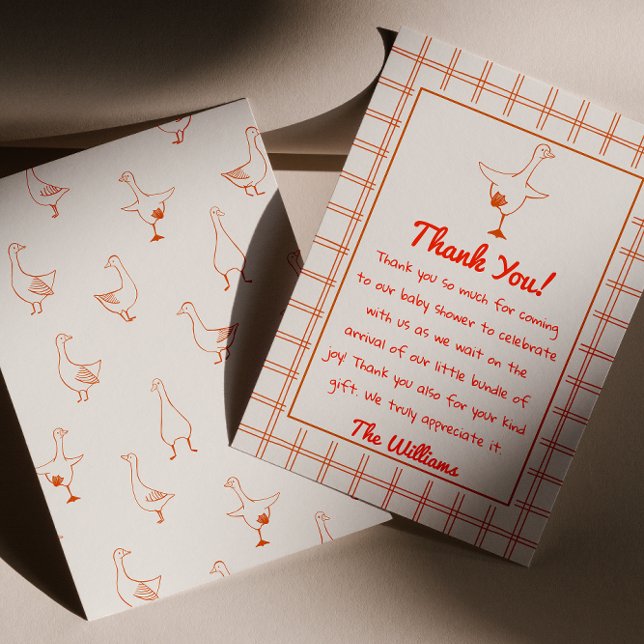 Hand Drawn Orange Silly Goose Gingham Baby Shower Thank You Card (Creator Uploaded)