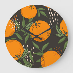 Hand-drawn oranges, colourful vintage background. large clock