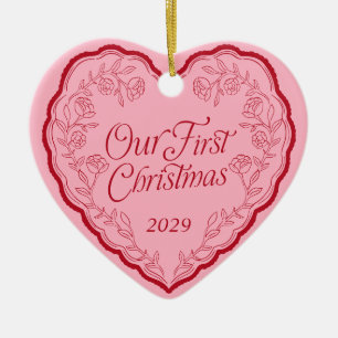 Hand Drawn Our First Christmas Photo Heart Ceramic Tree Decoration