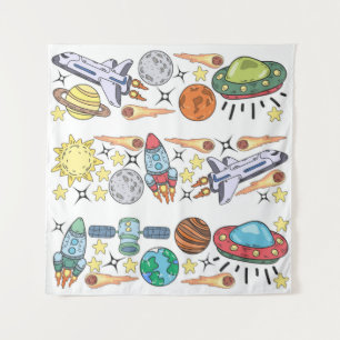 Hand-drawn Outer Space Doodles. Vintage Tapestry