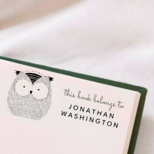 Hand-drawn Owl This Book Belongs To Custom Name Rubber Stamp