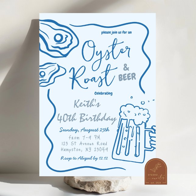Hand Drawn Oyster Roast and Beer Adult Birthday Invitation (Creator Uploaded)