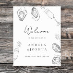 Hand Drawn Oysters Champagne Script Welcome Sign<br><div class="desc">Welcome your guests to the party of choice with this editable poster sign,  featuring hand drawn oysters,  champagne,  handwritten script and editable details. Customise it with ease by utilising the "personalise" and "edit using design" options, </div>
