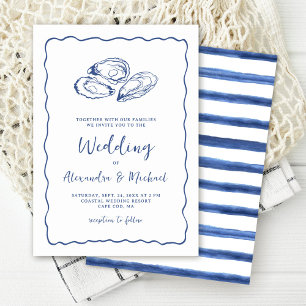 Hand Drawn Oysters Coastal Navy Blue Wedding Invitation