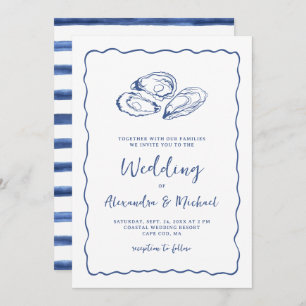 Hand Drawn Oysters Coastal Navy Blue Wedding Invitation