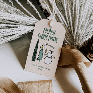 Hand Drawn Painted Green Christmas Trees Snowman Gift Tags