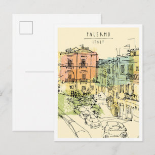 Hand drawn Palermo Italy Scene Landmark Postcard
