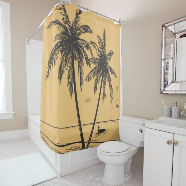 Hand drawn palm trees and beach Shower Curtain (In Situ)