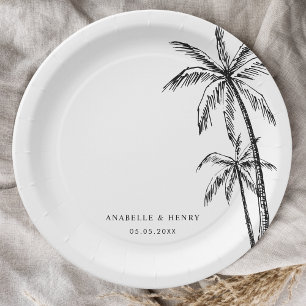 Hand Drawn Palm Trees Beach Destination Wedding Paper Plate