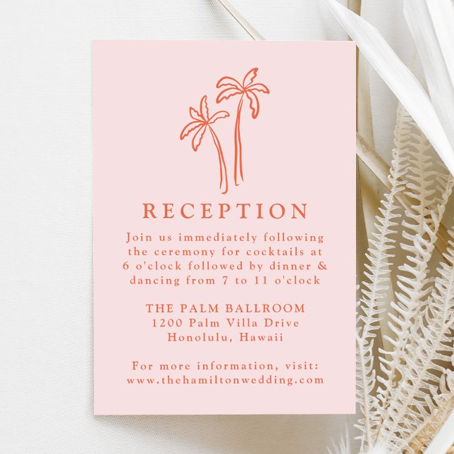 Hand-Drawn Palm Trees Pink Wedding Reception Enclosure Card (Creator Uploaded)