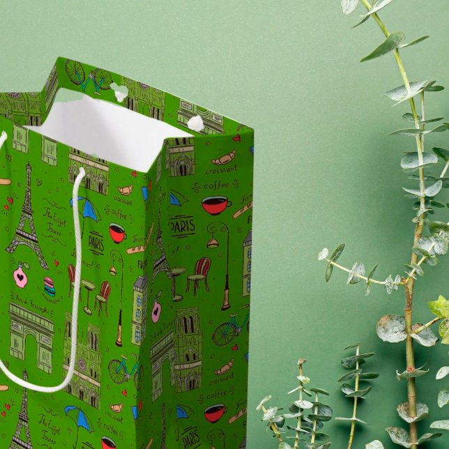 Hand Drawn Paris Doodles  on Green Medium Gift Bag (Creator Uploaded)