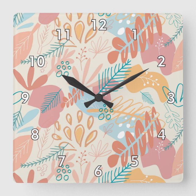 Hand Drawn Pastel Abstract Floral Pattern Square Wall Clock (Front)