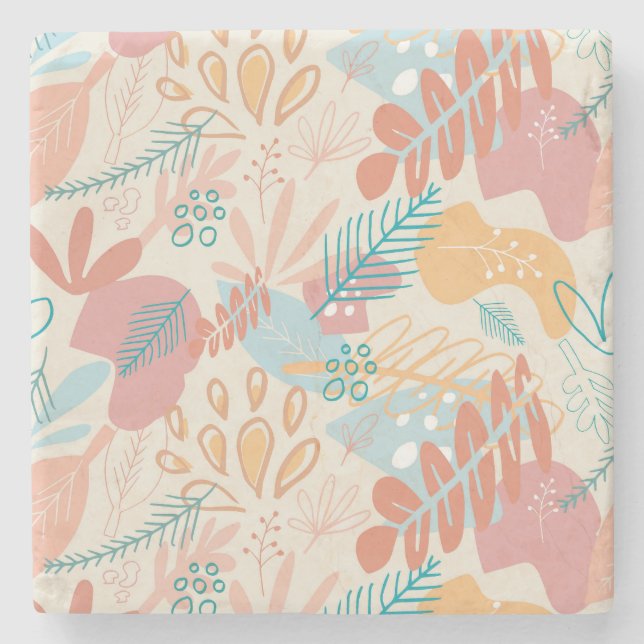 Hand Drawn Pastel Abstract Floral Pattern Stone Coaster (Front)