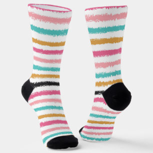Hand-Drawn Peach Pink Teal Stripe Socks