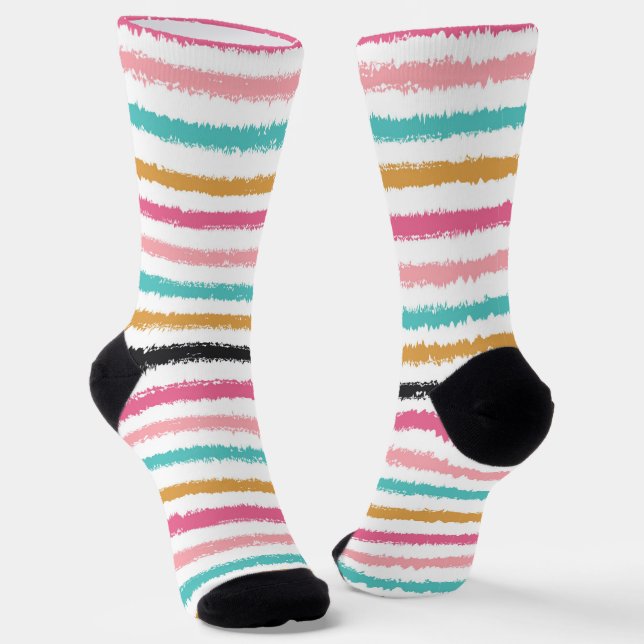 Hand-Drawn Peach Pink Teal Stripe Socks (Angled)