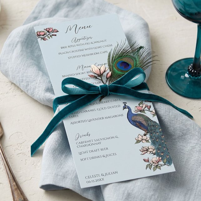 Hand-Drawn Peacock Chinoiserie Wedding Menu (Elegant blue teal peacock wedding menu with hand-drawn peacock and magnolia flowers chinoiserie vibe)