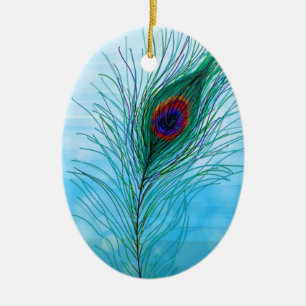 Hand drawn Peacock Feathers Personalised Ceramic Tree Decoration