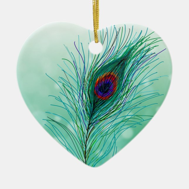 Hand drawn Peacock Feathers Personalised    Ceramic Tree Decoration (Front)