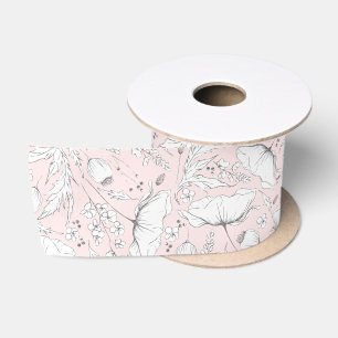 Hand-drawn Pencil Wildflowers Elegant Pink Satin Ribbon
