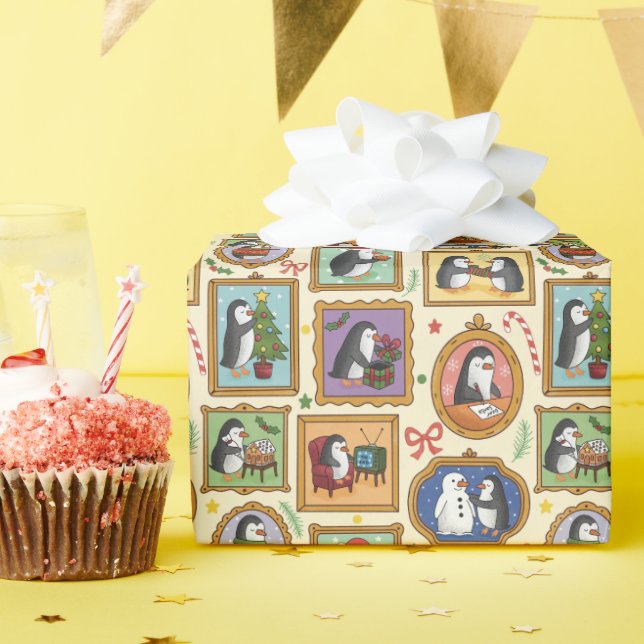 Hand Drawn Penguin Christmas Wrapping Paper Roll   (Birthday Party)