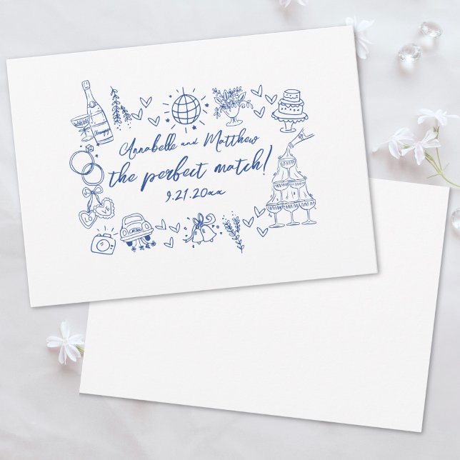Hand Drawn Perfect Match Blue Whimsical Wedding Invitation (Hand Drawn Perfect Match Blue Whimsical Wedding Invitation)