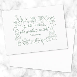 Hand Drawn Perfect Match Green Whimsical Wedding Invitation