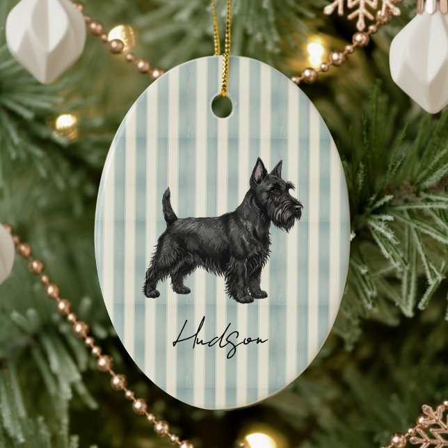 Hand Drawn Pet Portrait Sketch Scottish Terrier Ceramic Tree Decoration (Celebrate the holidays with this timeless, vintage striped pet portrait! )