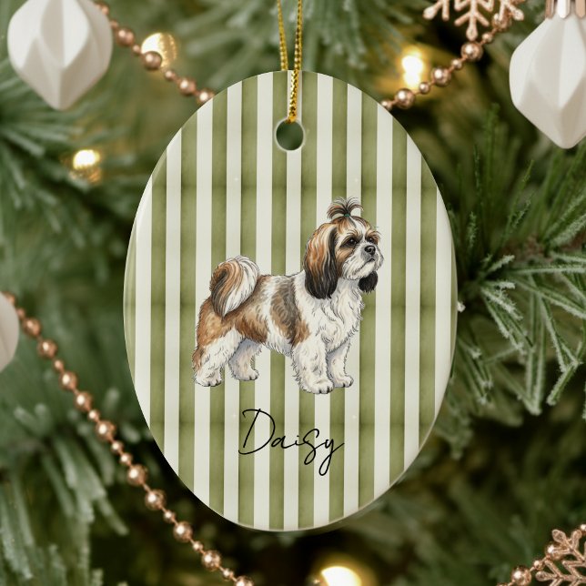 Hand Drawn Pet Portrait Sketch Watercolor Shih Tzu Ceramic Tree Decoration (Celebrate the holidays with this timeless, vintage striped pet portrait! )