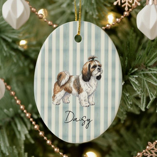 Hand Drawn Pet Portrait Watercolor Shih Tzu Ceramic Tree Decoration (Celebrate the holidays with this timeless, vintage striped pet portrait! )