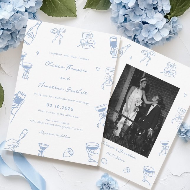 Hand Drawn Photo Dusty Blue Wedding  Invitation (Creator Uploaded)