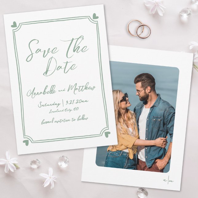 Hand Drawn Photo Green Whimsical Wedding Save The Date (Hand Drawn Photo Green Whimsical Wedding Save the Date)