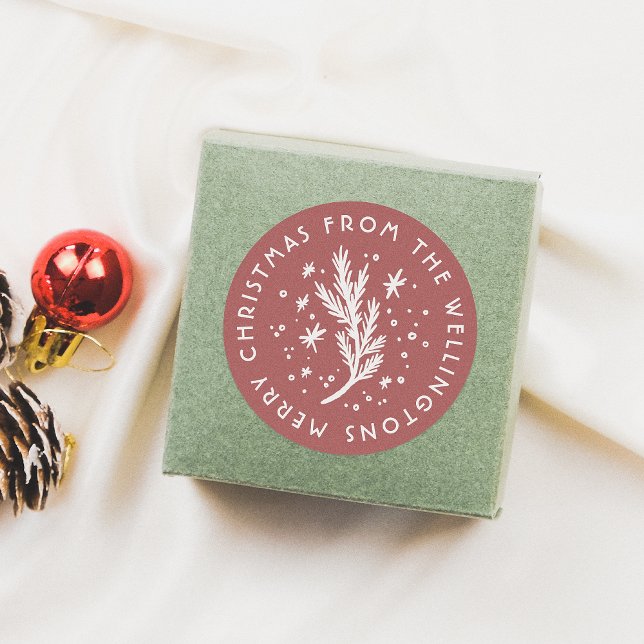 Hand-Drawn Pine & Snow Red Merry Christmas Classic Round Sticker (Creator Uploaded)