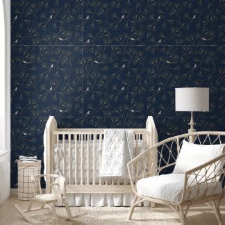 Hand Drawn Pine Tree and Bird Pattern in Roya Blue Wallpaper