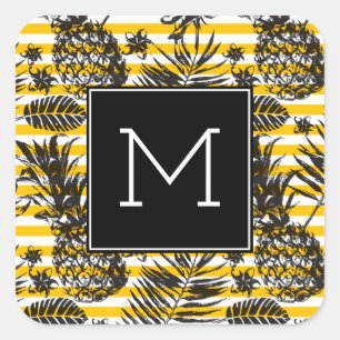Hand Drawn Pineapples Monogram Square Sticker