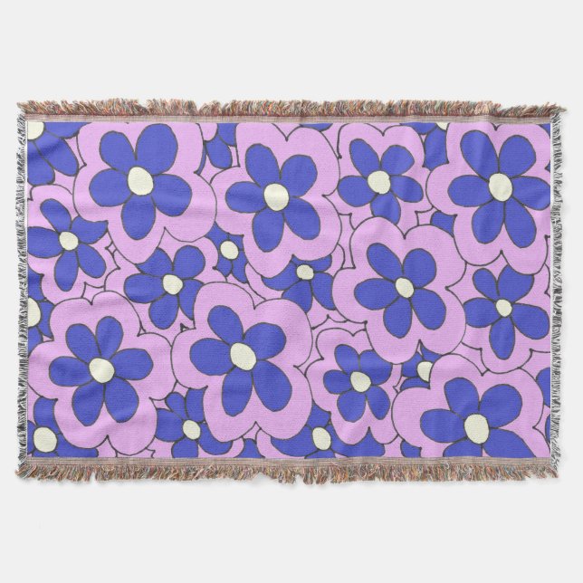 Hand Drawn Pink and blue Flower Design Throw Blanket (Front)