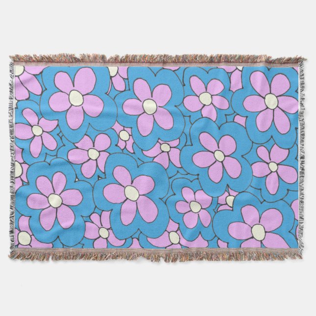 Hand Drawn Pink and Blue Flower Design Throw Blanket (Front)