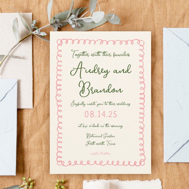 Hand Drawn Pink and Green Fun Wedding Invitations (Creator Uploaded)