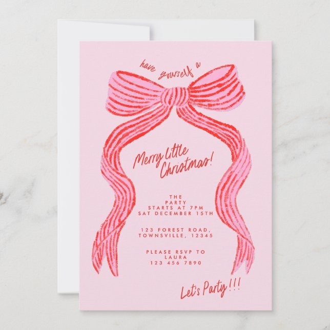 Hand Drawn Pink and Red Bow Christmas Party Invitation (Front)