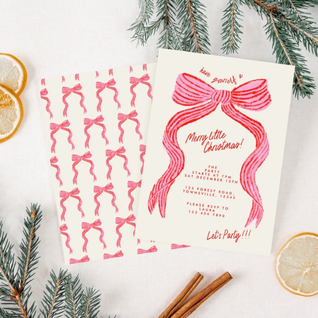 Hand Drawn Pink and Red Bow Christmas Party Invitation (Creator Uploaded)